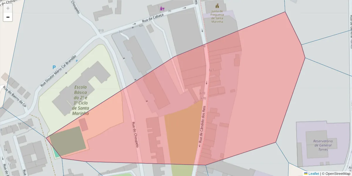 Mapa detalhado do código postal 4400-071 com limites, códigos postais vizinhos e agências dos correios