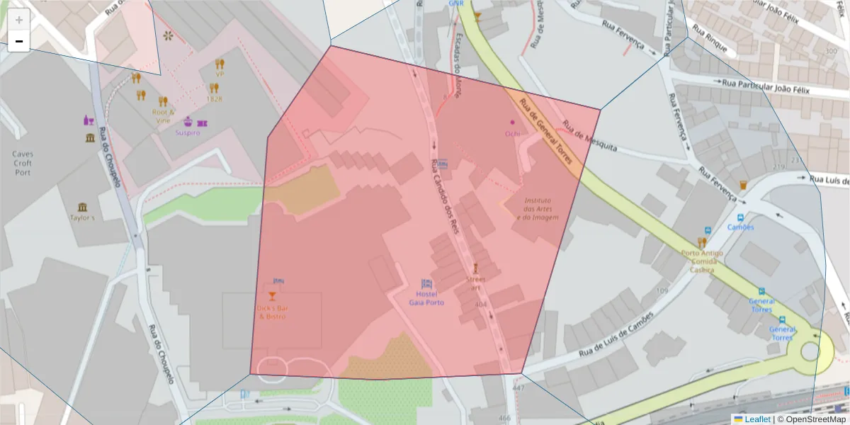 Mapa detalhado do código postal 4400-074 com limites, códigos postais vizinhos e agências dos correios