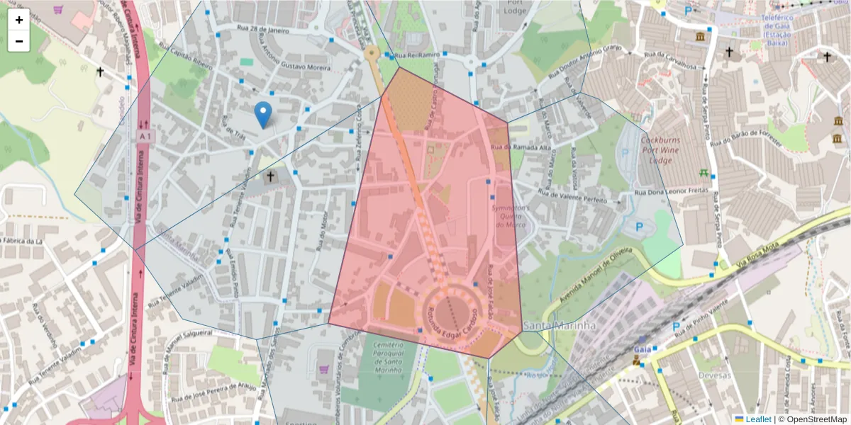 Mapa detalhado do código postal 4400-086 com limites, códigos postais vizinhos e agências dos correios