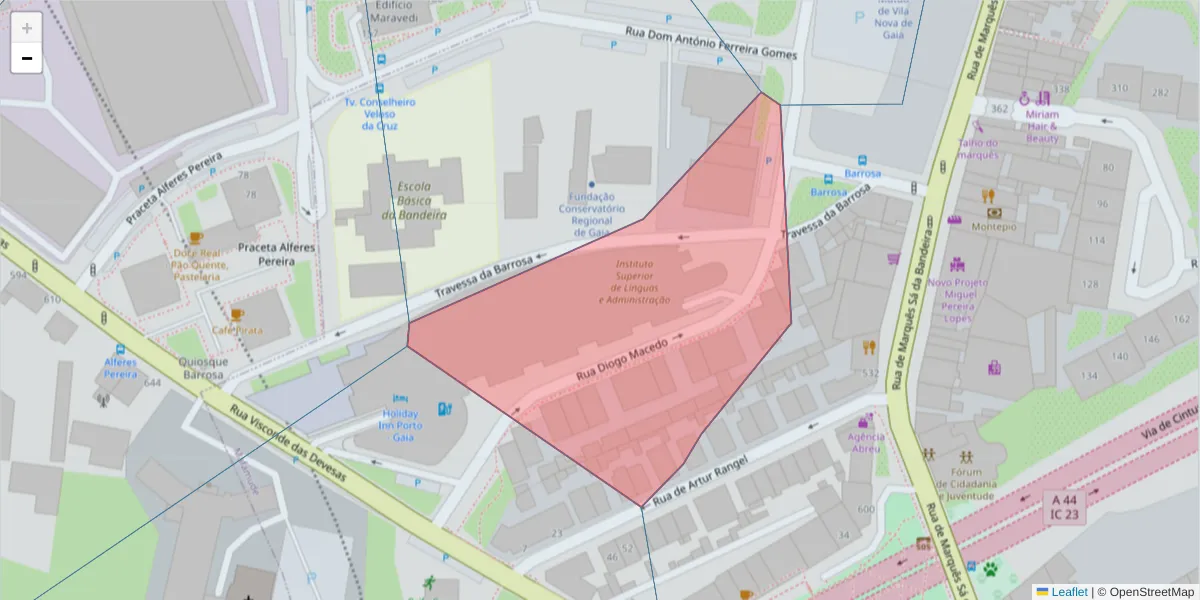 Mapa detalhado do código postal 4400-107 com limites, códigos postais vizinhos e agências dos correios