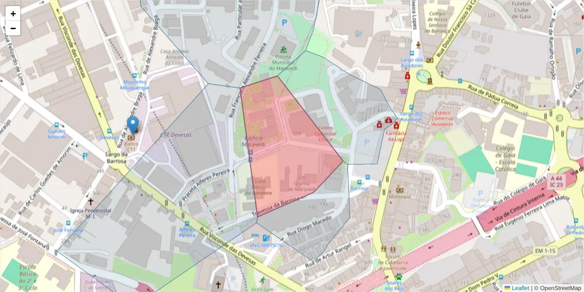 Mapa detalhado do código postal 4400-112 com limites, códigos postais vizinhos e agências dos correios