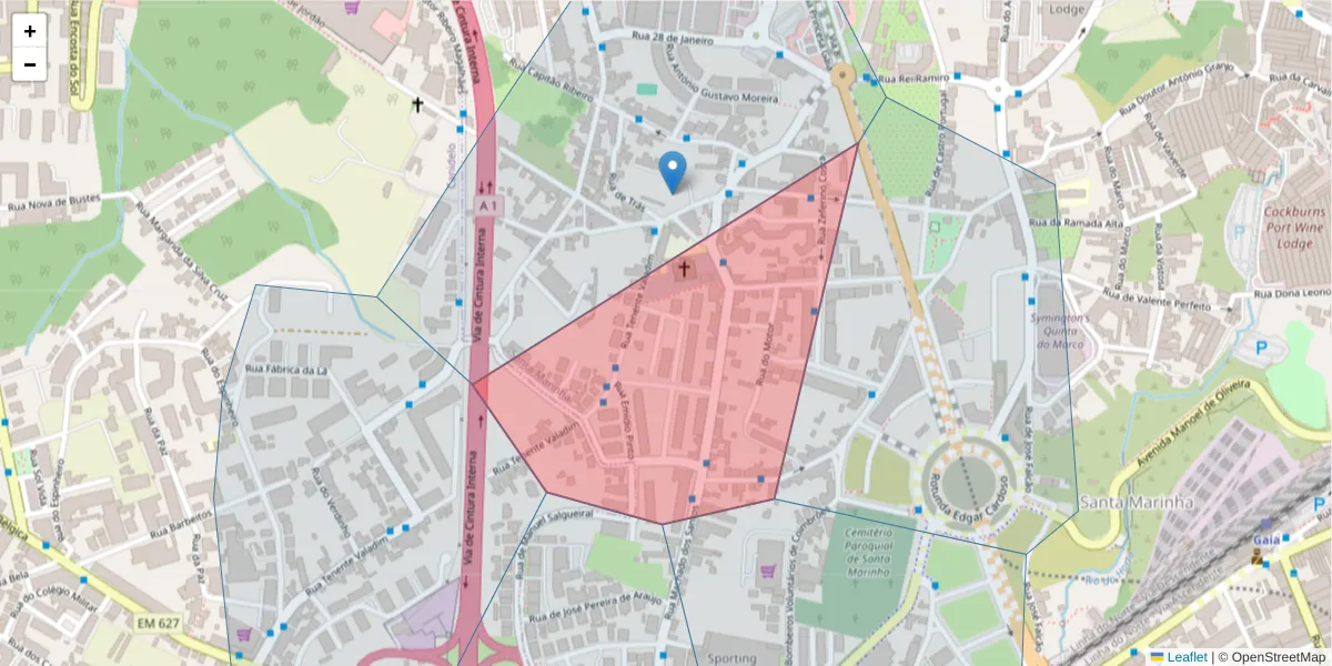Mapa detalhado do código postal 4400-141 com limites, códigos postais vizinhos e agências dos correios