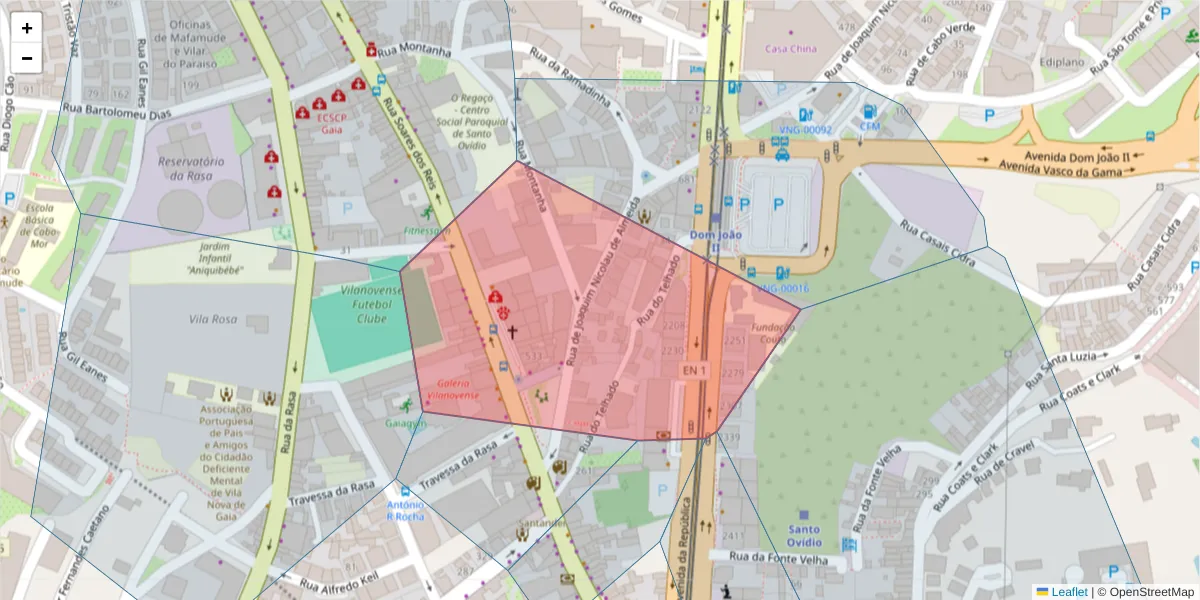 Mapa detalhado do código postal 4400-188 com limites, códigos postais vizinhos e agências dos correios