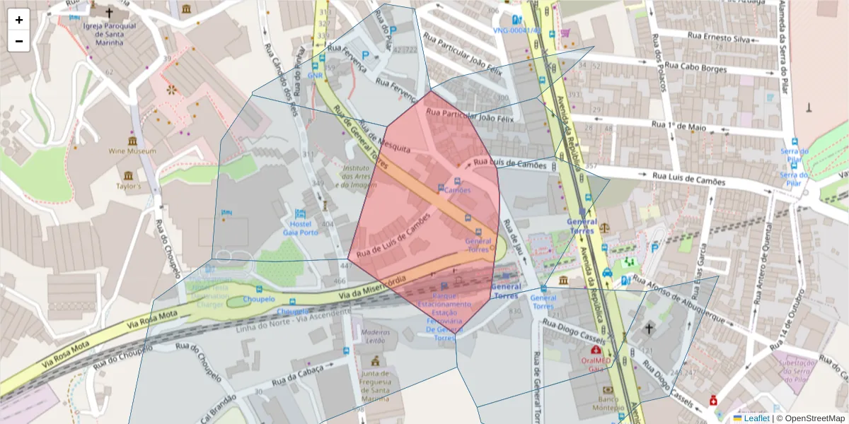 Mapa detalhado do código postal 4400-206 com limites, códigos postais vizinhos e agências dos correios