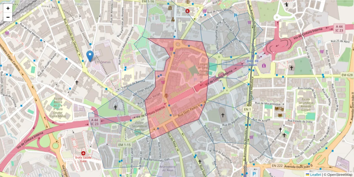 Mapa detalhado do código postal 4400-217 com limites, códigos postais vizinhos e agências dos correios