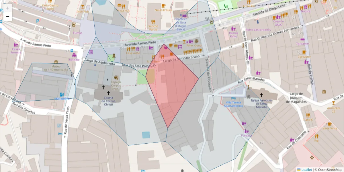 Mapa detalhado do código postal 4400–226 com limites, códigos postais vizinhos e agências dos correios