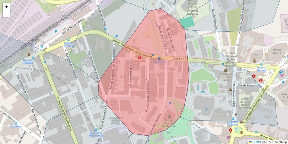 Mapa detalhado do código postal 4400-239 com limites, códigos postais vizinhos e agências dos correios