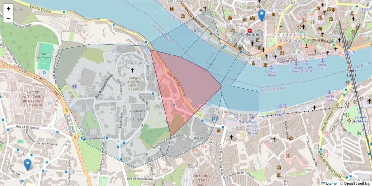 Mapa detalhado do código postal 4400-245 com limites, códigos postais vizinhos e agências dos correios