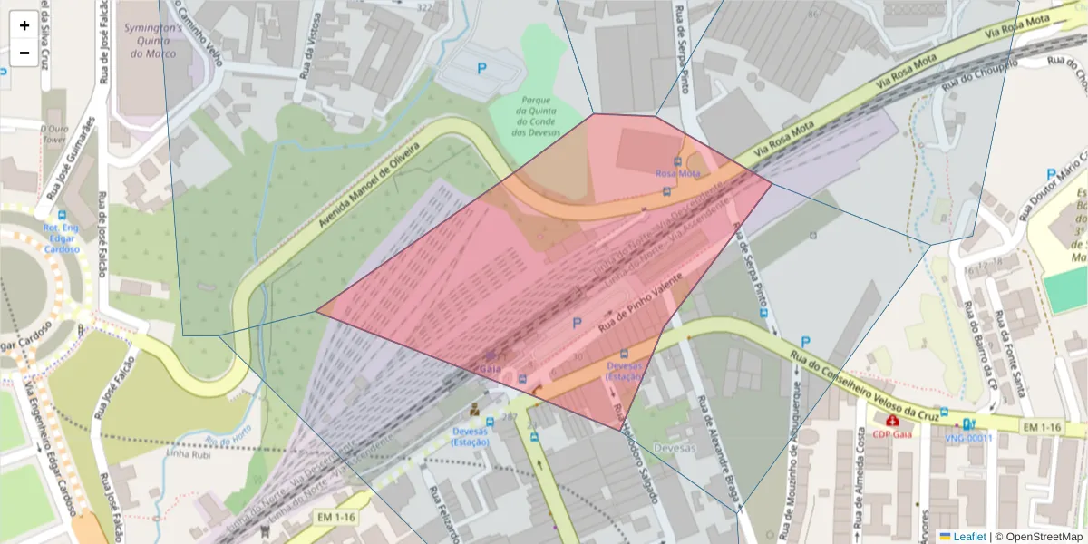 Mapa detalhado do código postal 4400-251 com limites, códigos postais vizinhos e agências dos correios