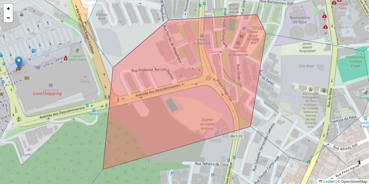 Mapa detalhado do código postal 4400-257 com limites, códigos postais vizinhos e agências dos correios