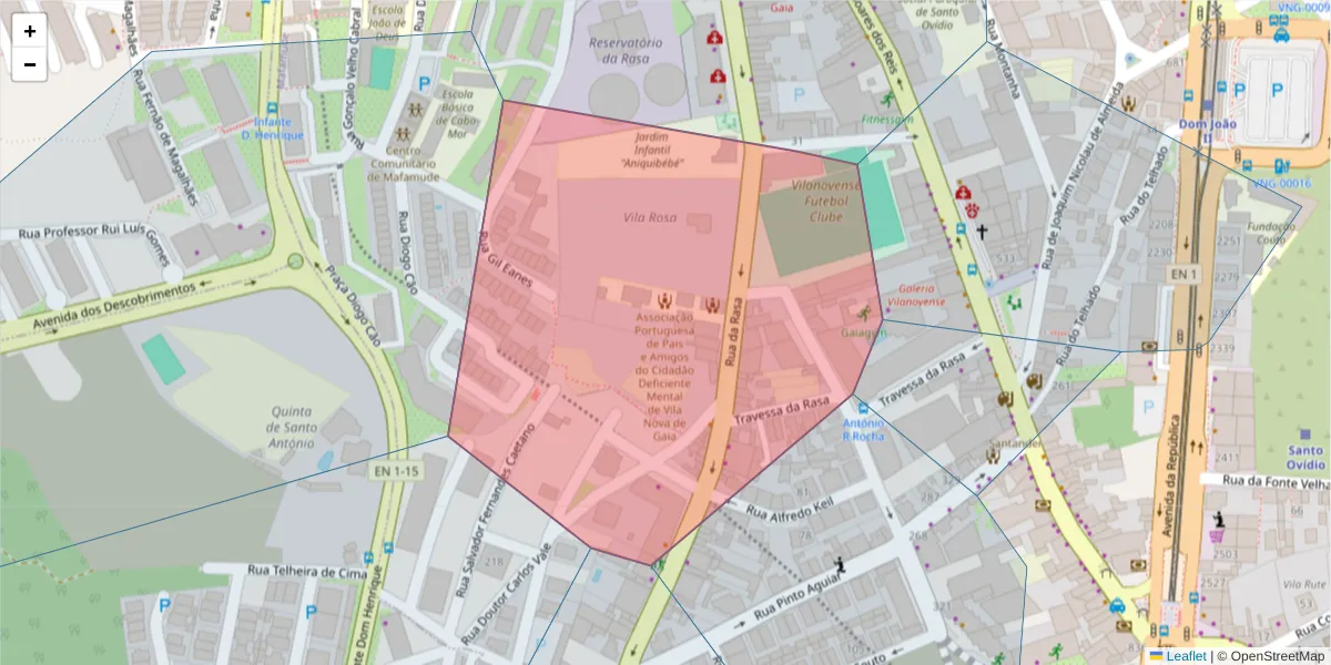 Mapa detalhado do código postal 4400-268 com limites, códigos postais vizinhos e agências dos correios