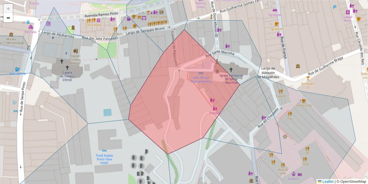 Mapa detalhado do código postal 4400-290 com limites, códigos postais vizinhos e agências dos correios