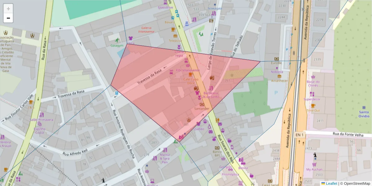Mapa detalhado do código postal 4400-313 com limites, códigos postais vizinhos e agências dos correios