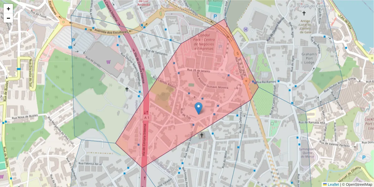 Mapa detalhado do código postal 4400-328 com limites, códigos postais vizinhos e agências dos correios