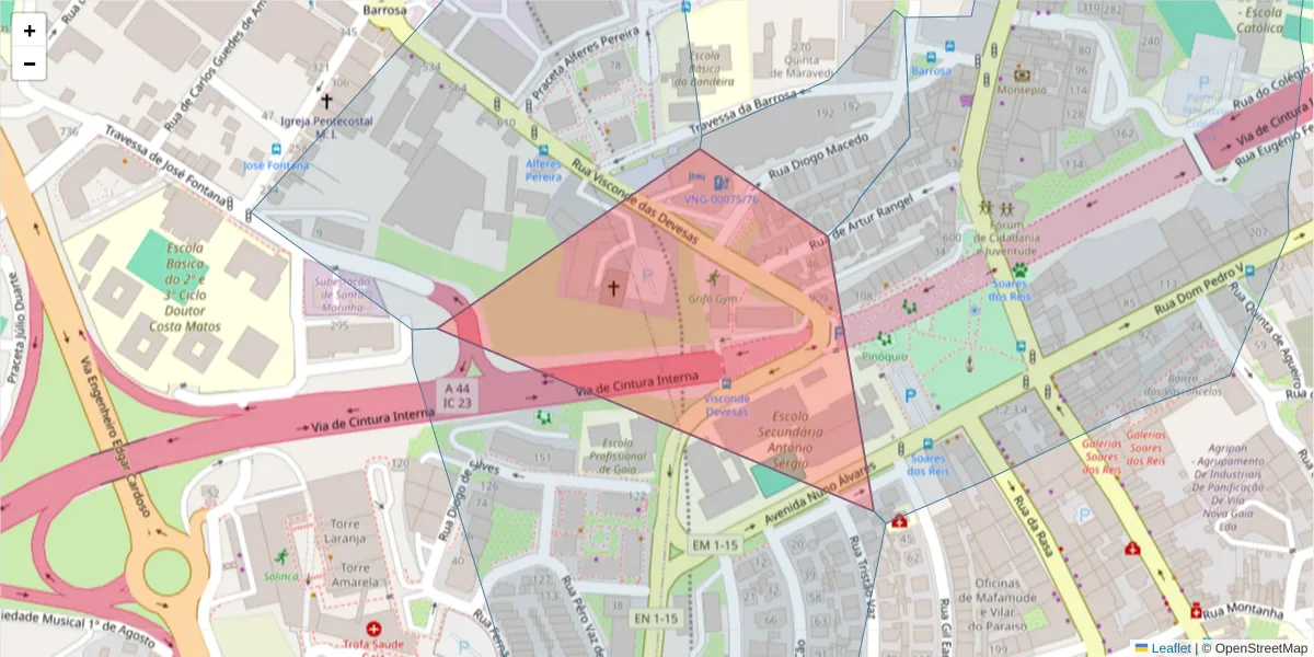 Mapa detalhado do código postal 4400-338 com limites, códigos postais vizinhos e agências dos correios