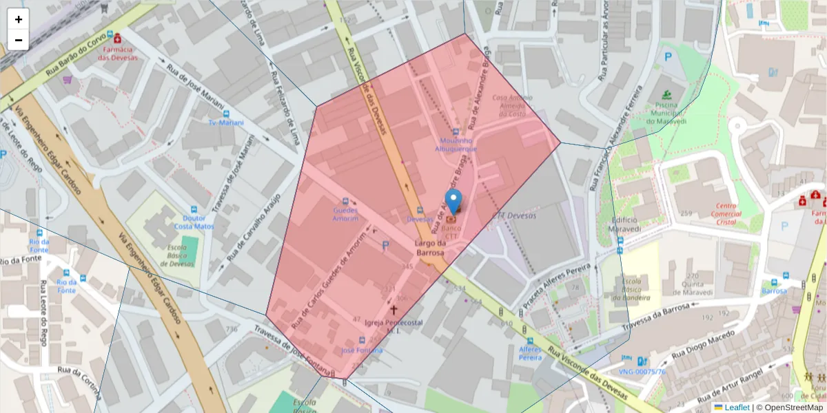 Mapa detalhado do código postal 4400-340 com limites, códigos postais vizinhos e agências dos correios