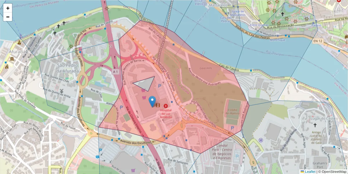 Mapa detalhado do código postal 4400-346 com limites, códigos postais vizinhos e agências dos correios