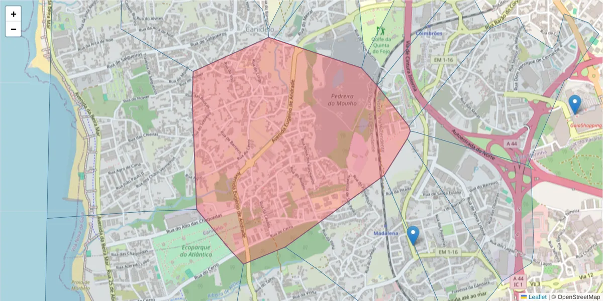 Mapa detalhado do código postal 4400-357 com limites, códigos postais vizinhos e agências dos correios