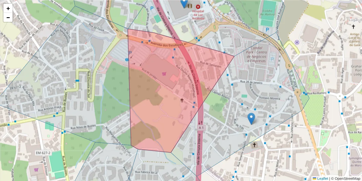 Mapa detalhado do código postal 4400-504 com limites, códigos postais vizinhos e agências dos correios
