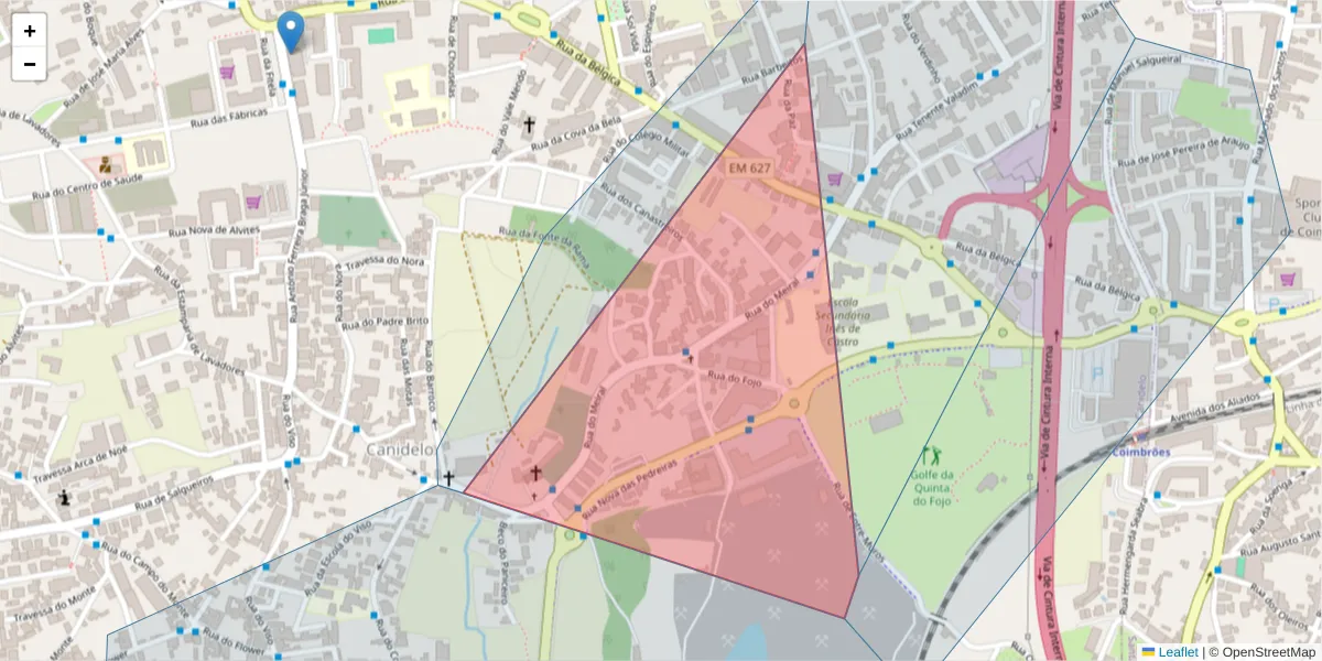 Mapa detalhado do código postal 4400-542 com limites, códigos postais vizinhos e agências dos correios