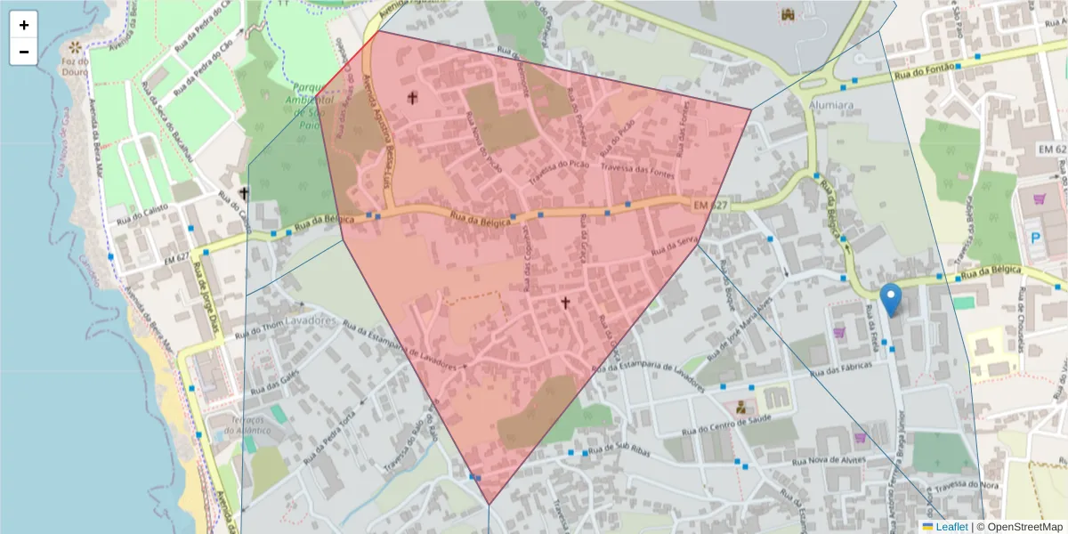 Mapa detalhado do código postal 4400-548 com limites, códigos postais vizinhos e agências dos correios