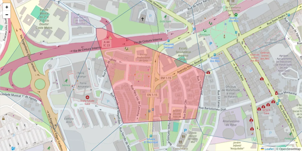 Mapa detalhado do código postal 4400-626 com limites, códigos postais vizinhos e agências dos correios