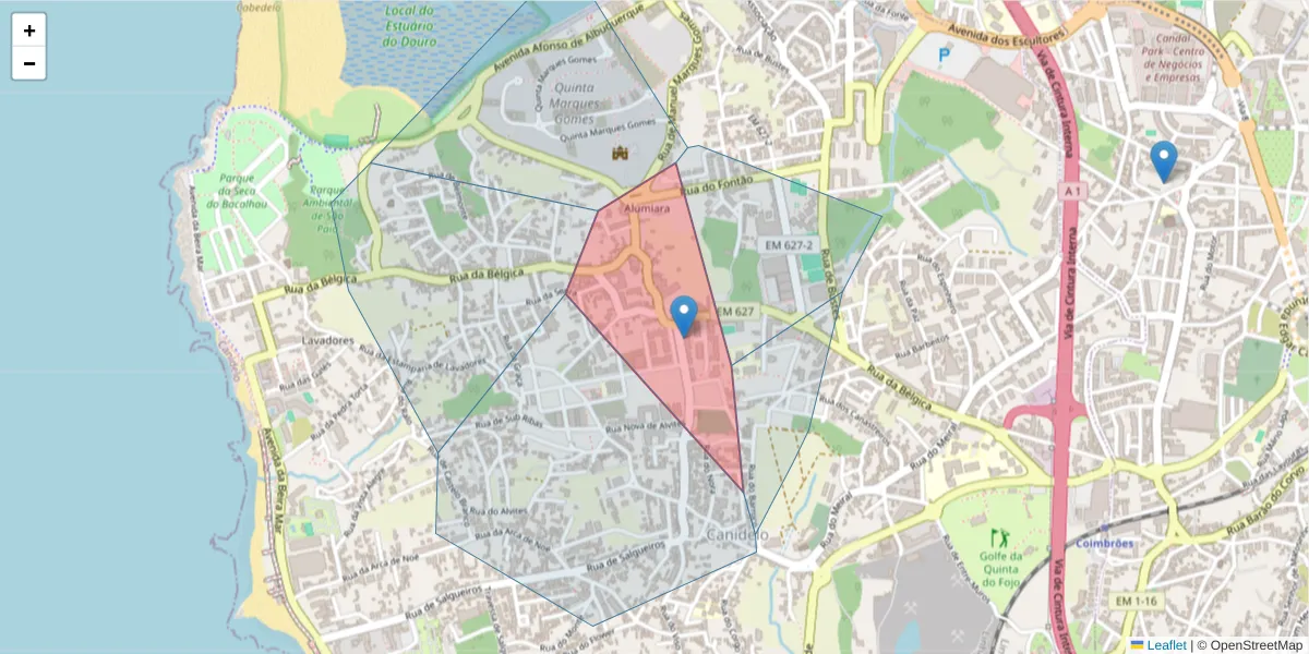 Mapa detalhado do código postal 4400-711 com limites, códigos postais vizinhos e agências dos correios