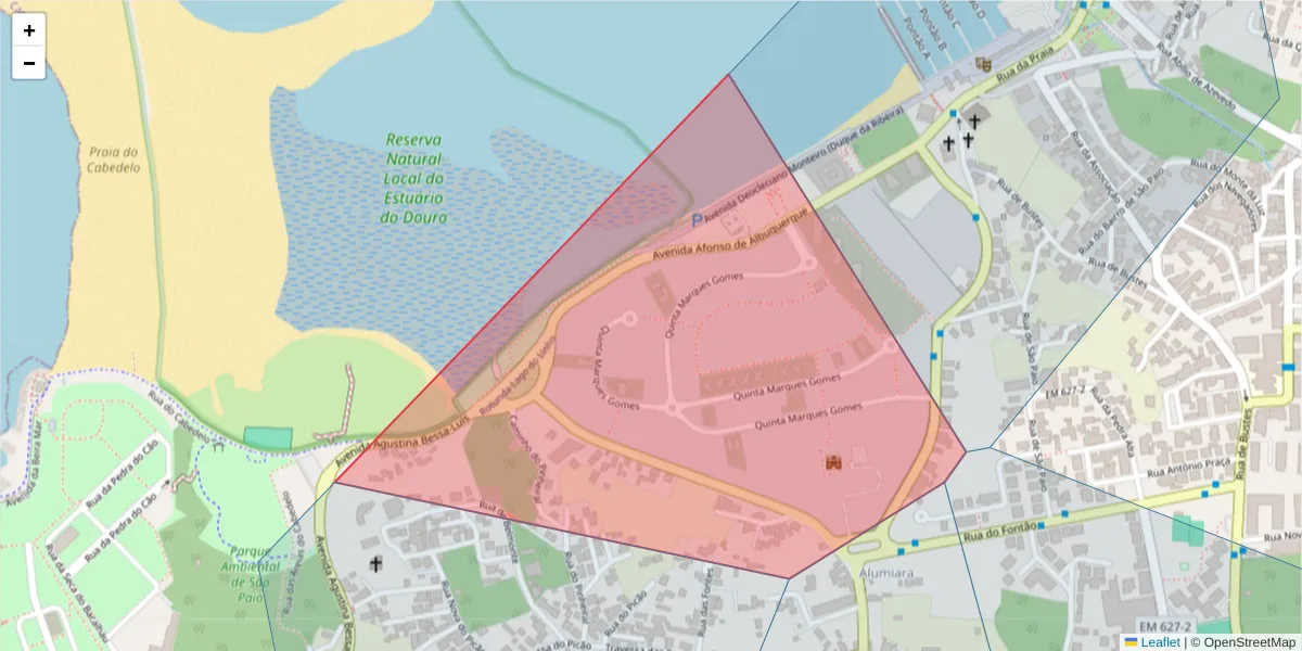 Mapa detalhado do código postal 4400-719 com limites, códigos postais vizinhos e agências dos correios
