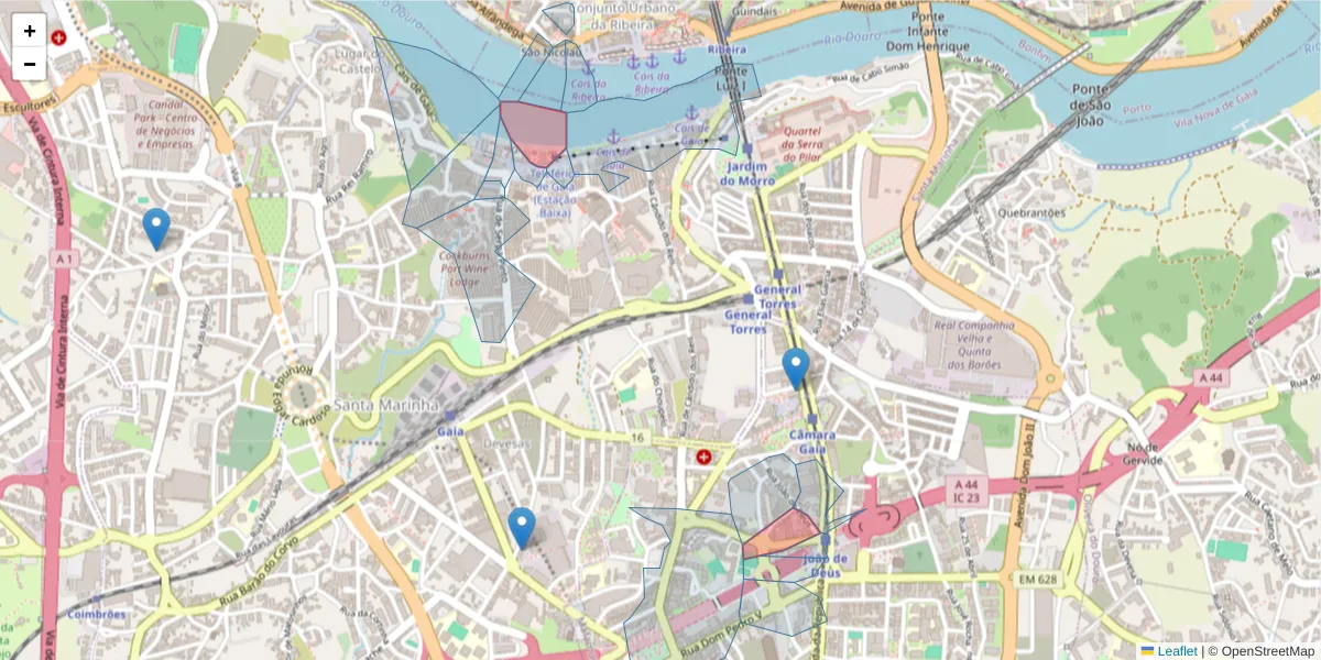 Mapa detalhado do código postal 4400 com limites, códigos postais vizinhos e agências dos correios