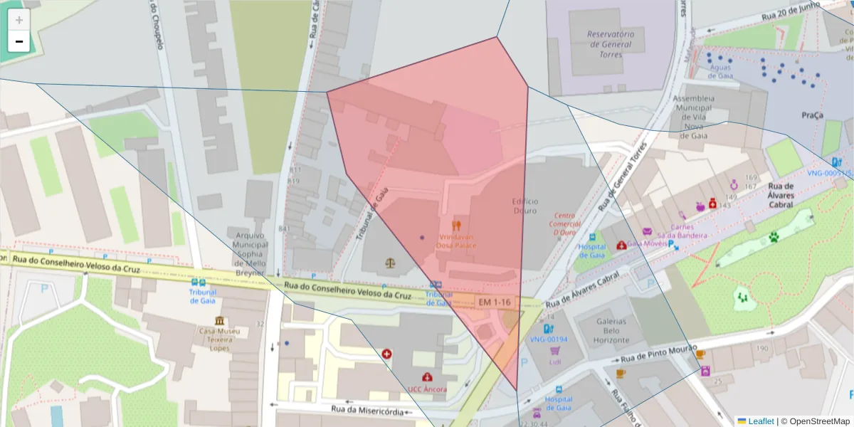 Mapa detalhado do código postal 4404-502 com limites, códigos postais vizinhos e agências dos correios