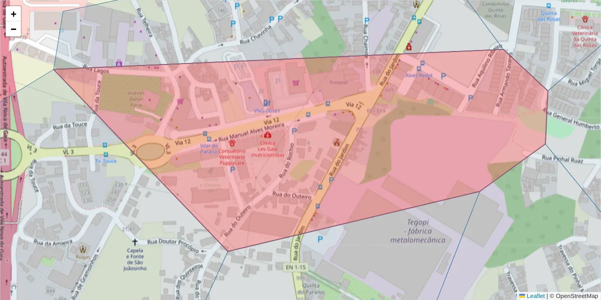 Mapa detalhado do código postal 4405-520 com limites, códigos postais vizinhos e agências dos correios