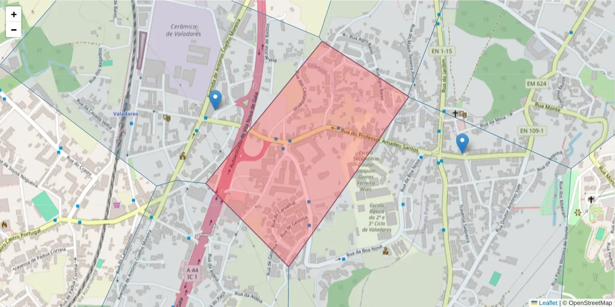 Mapa detalhado do código postal 4405-534 com limites, códigos postais vizinhos e agências dos correios