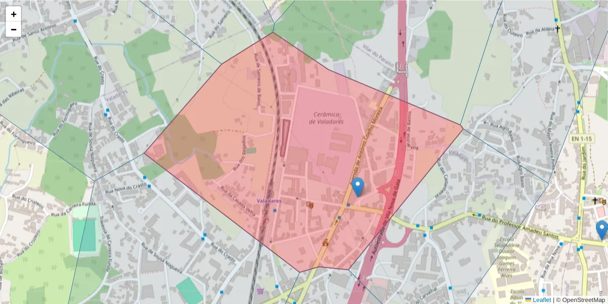 Mapa detalhado do código postal 4405-594 com limites, códigos postais vizinhos e agências dos correios