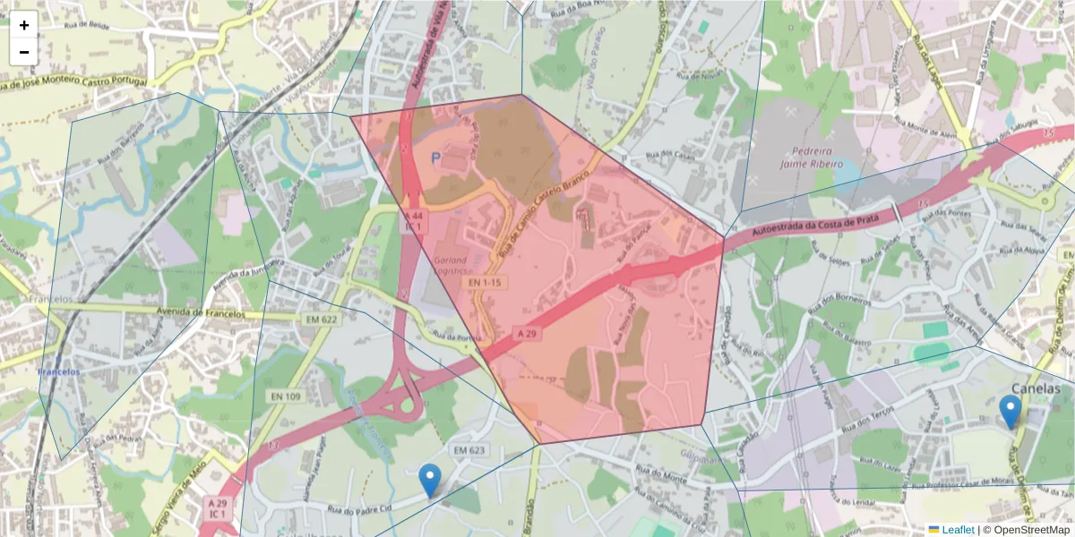 Mapa detalhado do código postal 4405-602 com limites, códigos postais vizinhos e agências dos correios