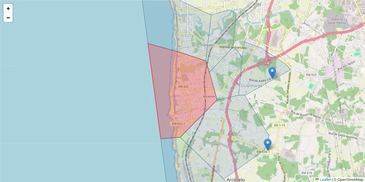 Mapa detalhado do código postal 4405-674 com limites, códigos postais vizinhos e agências dos correios