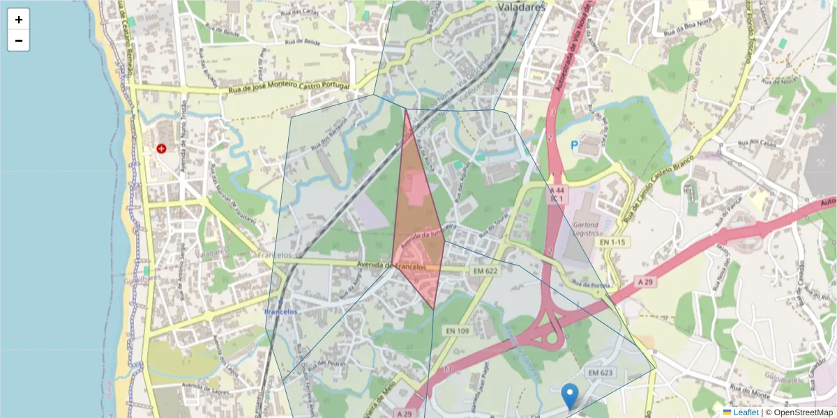 Mapa detalhado do código postal 4405-693 com limites, códigos postais vizinhos e agências dos correios