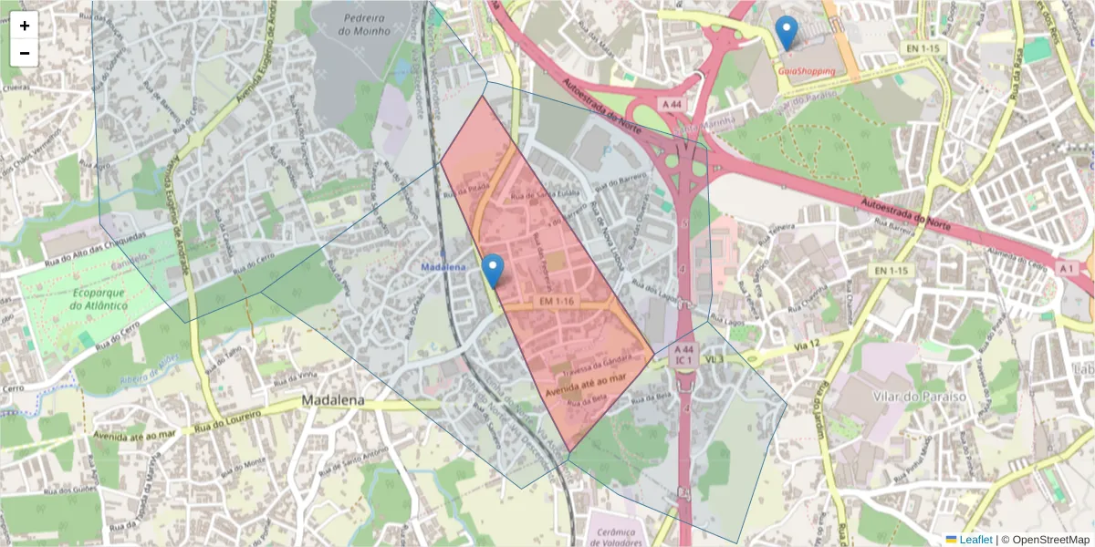 Mapa detalhado do código postal 4405-746 com limites, códigos postais vizinhos e agências dos correios