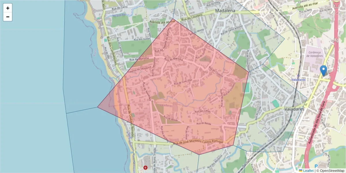 Mapa detalhado do código postal 4405-787 com limites, códigos postais vizinhos e agências dos correios