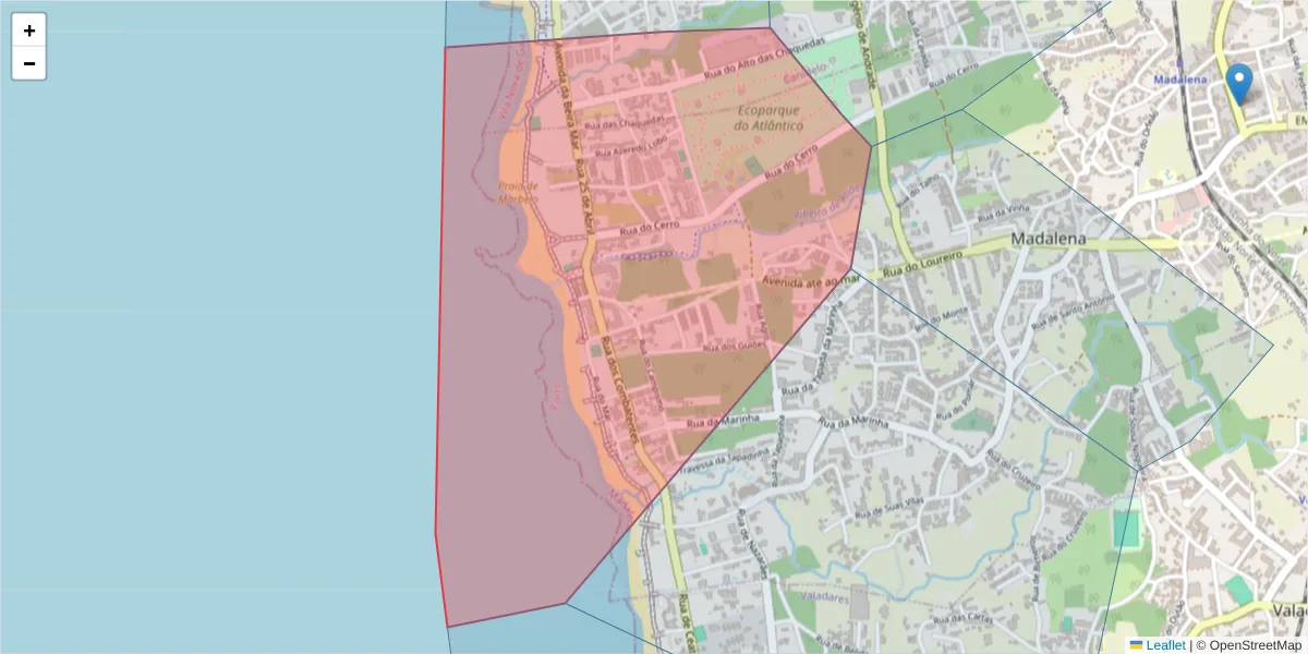 Mapa detalhado do código postal 4405-796 com limites, códigos postais vizinhos e agências dos correios