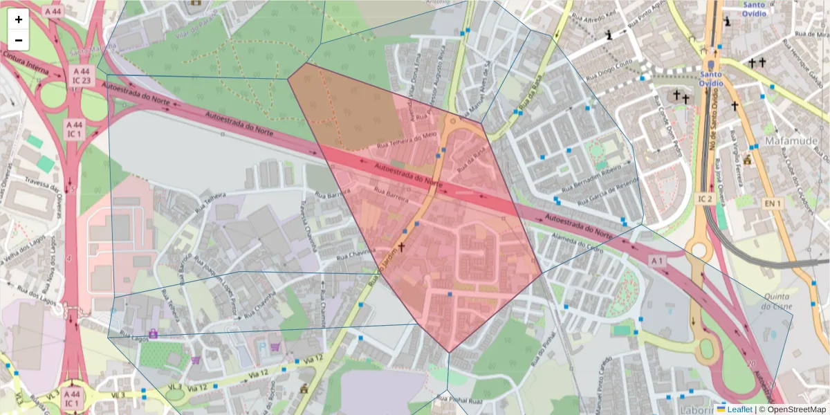 Mapa detalhado do código postal 4405-827 com limites, códigos postais vizinhos e agências dos correios