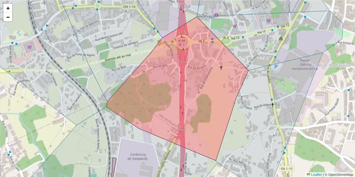 Mapa detalhado do código postal 4405-864 com limites, códigos postais vizinhos e agências dos correios