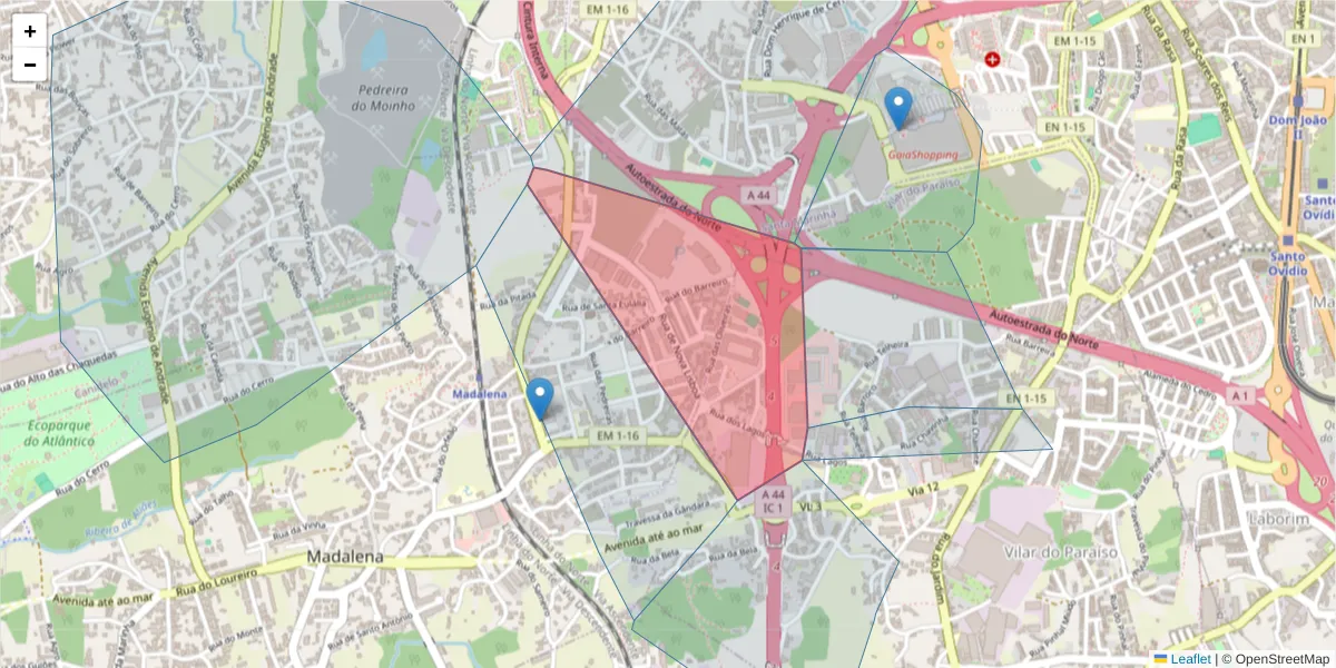 Mapa detalhado do código postal 4405-886 com limites, códigos postais vizinhos e agências dos correios