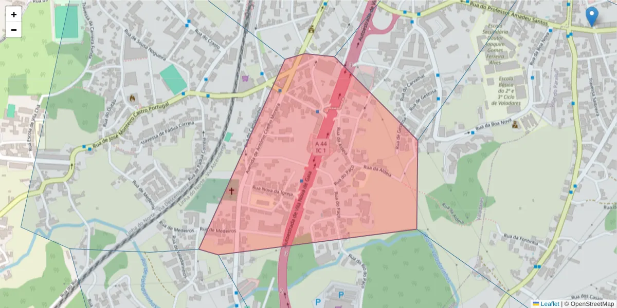 Mapa detalhado do código postal 4405-949 com limites, códigos postais vizinhos e agências dos correios