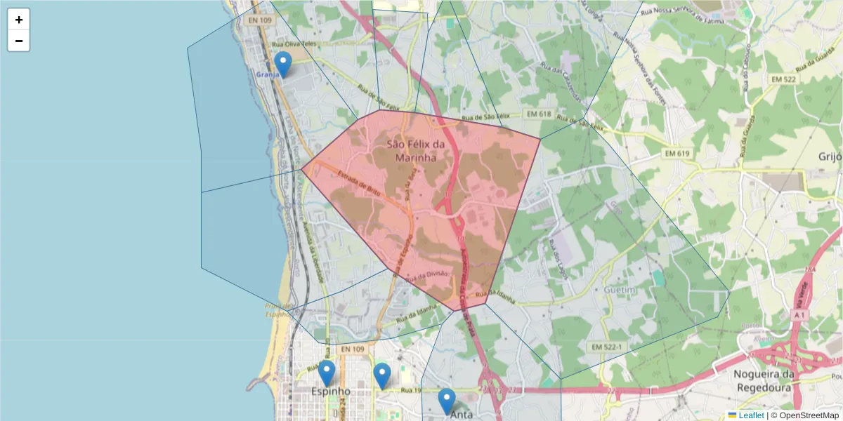 Mapa detalhado do código postal 4410-106 com limites, códigos postais vizinhos e agências dos correios