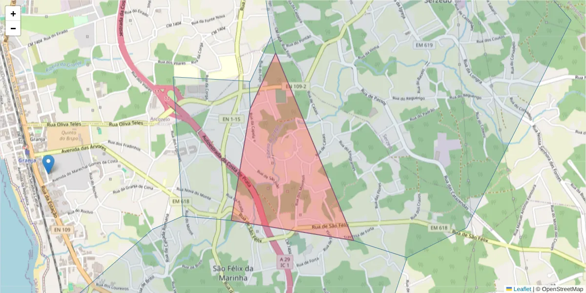 Mapa detalhado do código postal 4410-150 com limites, códigos postais vizinhos e agências dos correios