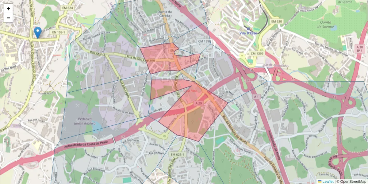 Mapa detalhado do código postal 4410-222 com limites, códigos postais vizinhos e agências dos correios