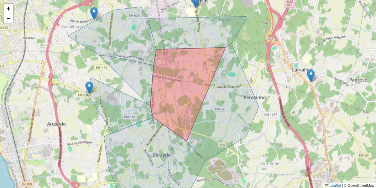 Mapa detalhado do código postal 4410-262 com limites, códigos postais vizinhos e agências dos correios