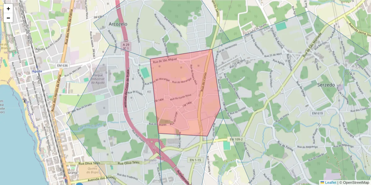 Mapa detalhado do código postal 4410-325 com limites, códigos postais vizinhos e agências dos correios