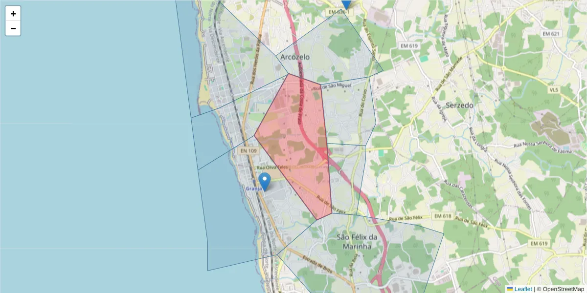 Mapa detalhado do código postal 4410-359 com limites, códigos postais vizinhos e agências dos correios