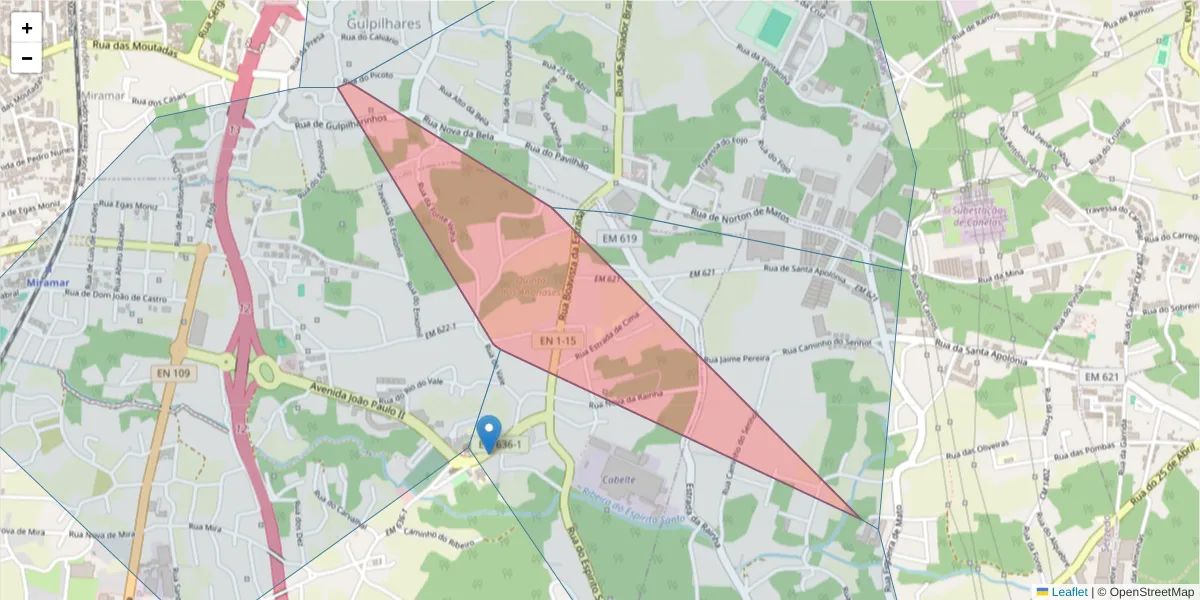 Mapa detalhado do código postal 4410-453 com limites, códigos postais vizinhos e agências dos correios